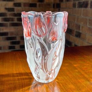 Vintage Red Tulip Clear Crystal Glass Vase